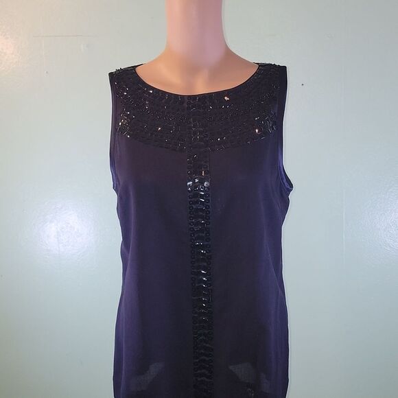 Tory Burch Navy Blue Wool Blend Sequins Beaded Sleeveless Zip Up Blouse Shirt 8 - Picture 1 of 4